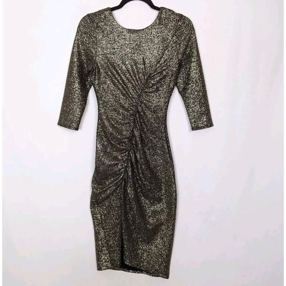 ZARA S Metallic Draped Long Sleeve Dress Runched Gathered Waist Front Slit Bold - Picture 6 of 16